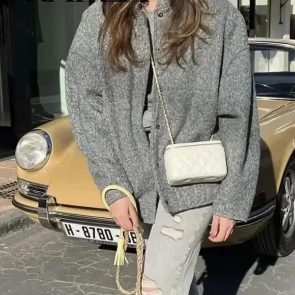 #103 LAST 1! Grey Bomber Jacket Cropped Fitted Coat button down with pockets - Picture 3 of 13